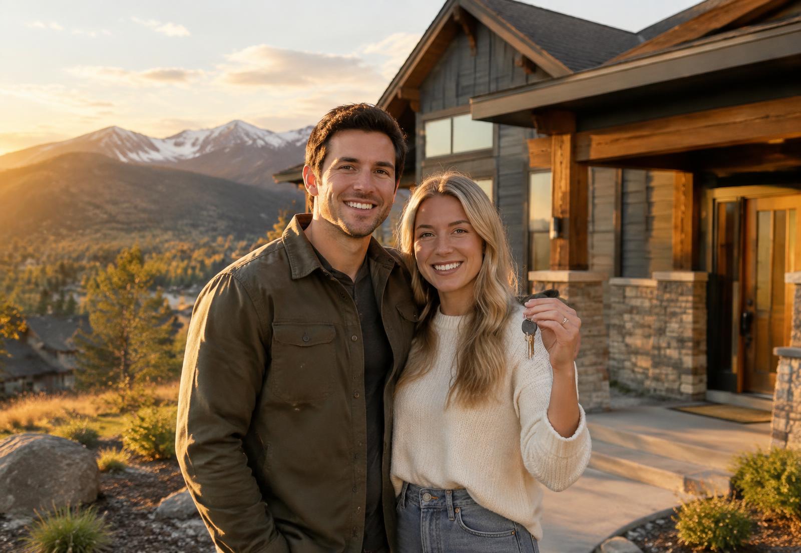 Homebuyers holding keys in front of their new Colorado home
